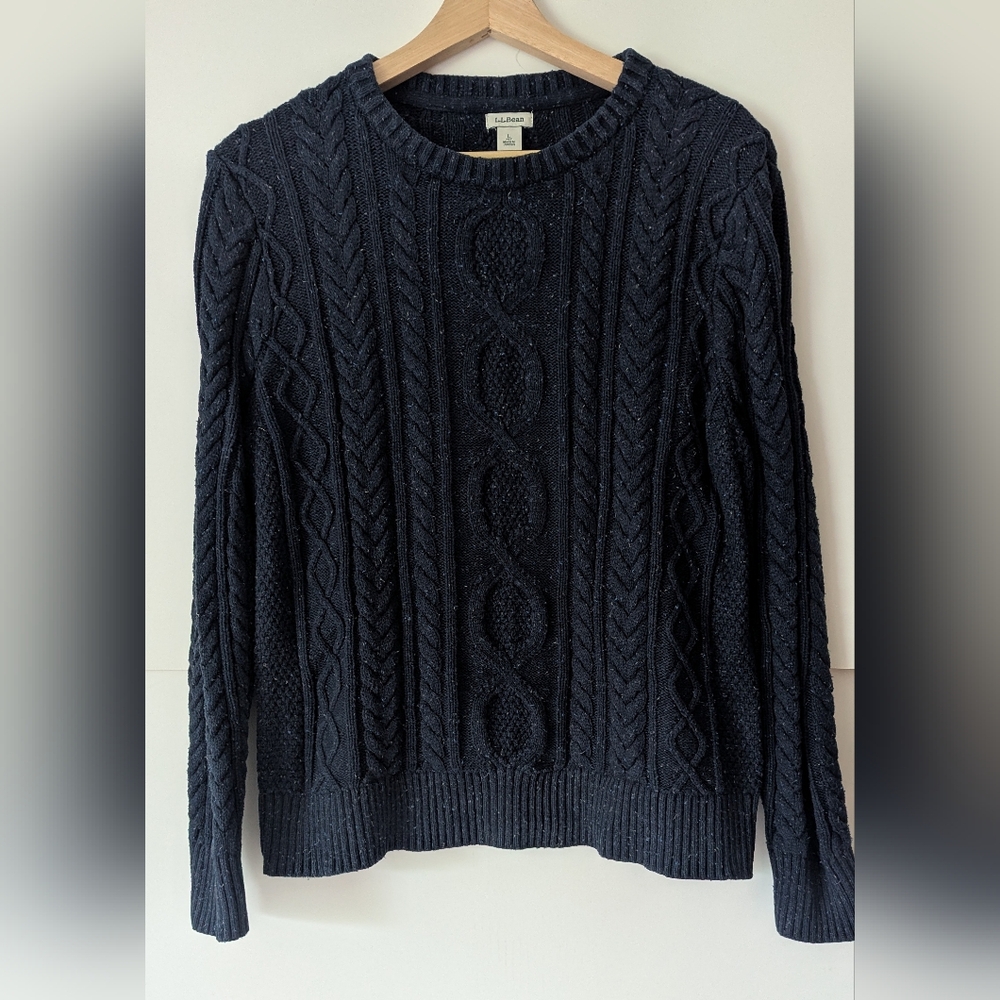 L.L. Bean Organic Cotton Navy Heather Blue Cable Knit Fisherman Sweater